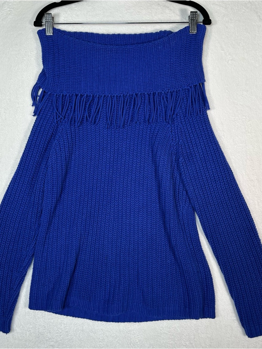 Chico's Blue Fringe Off Shoulder Sweater Sz 1 M Soft Cotton Rabbit Hair‎ Boho
